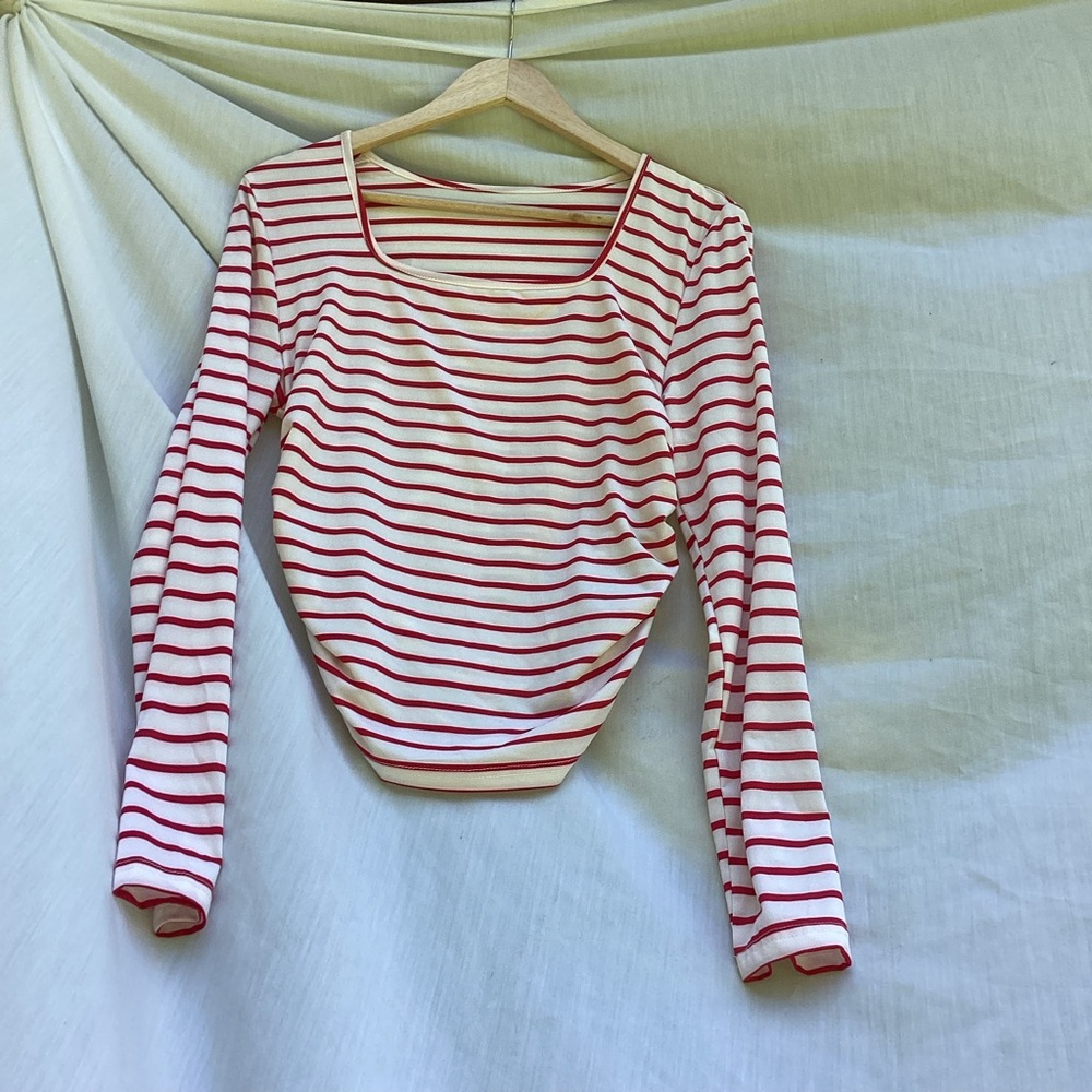 SHEIN White and Red Fitted Ruched Long Sleeve top, size XL